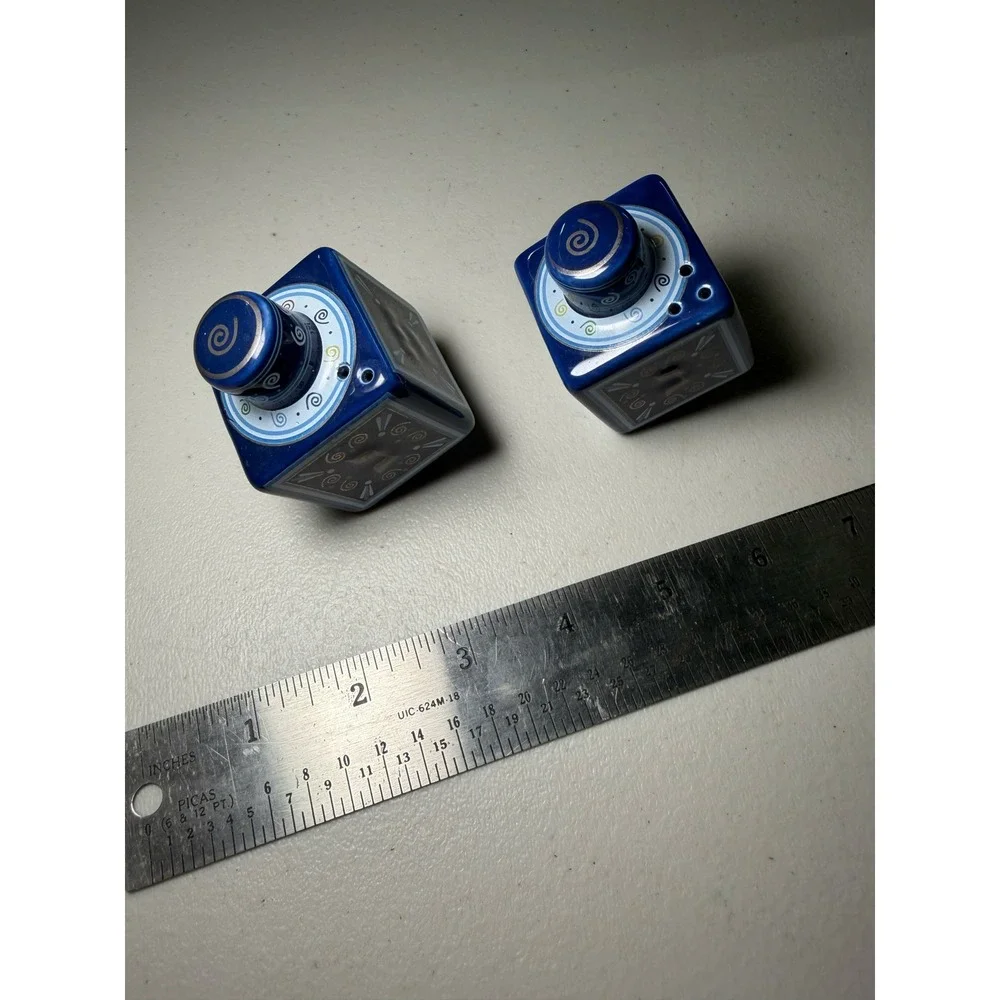Cobalt‎ Blue Ceramic Square Salt and Pepper Shakers Spiral Geometric Design 2pc